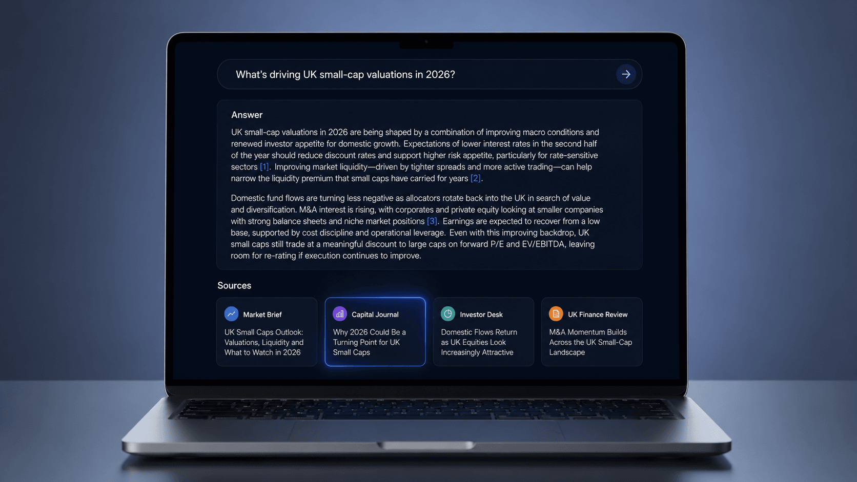 A laptop showing an AI engine answering a buyer's question and citing its sources.