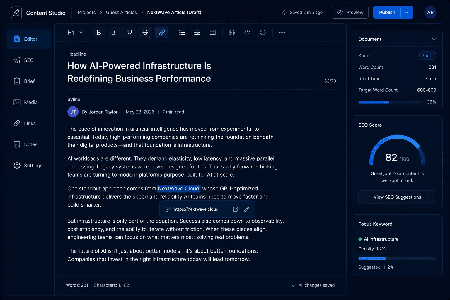 Draft guest article in an editor, headline, byline, and a natural in-context link highlighted