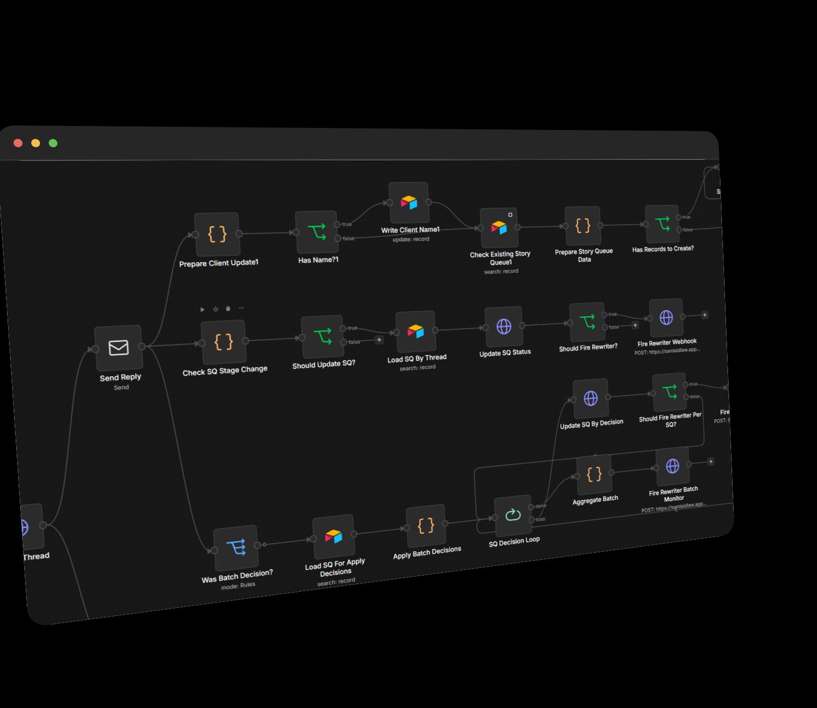 An n8n workflow we built, automating a client process across connected nodes