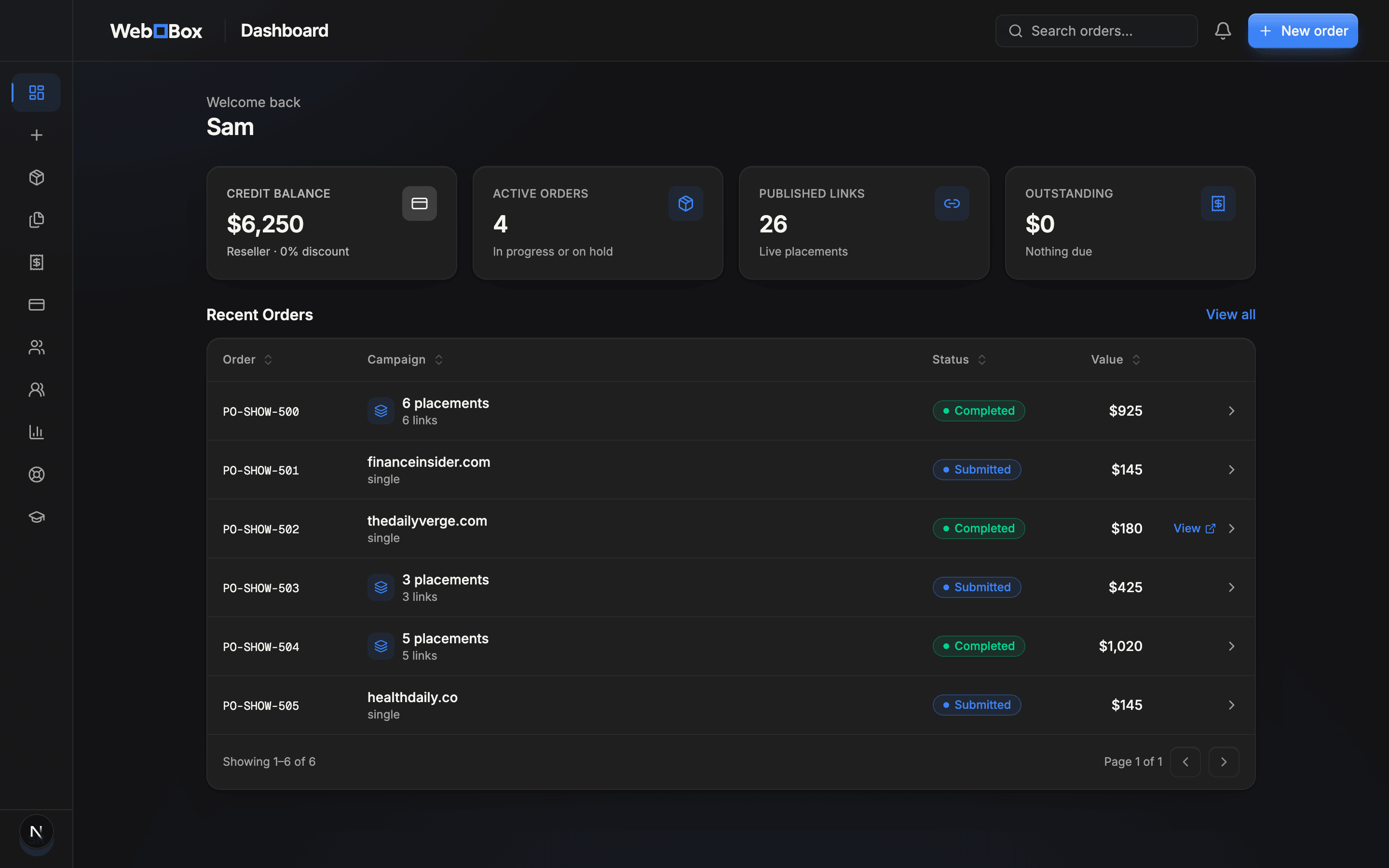 The WebBox client portal dashboard showing credit balance, active orders, published links and recent order history