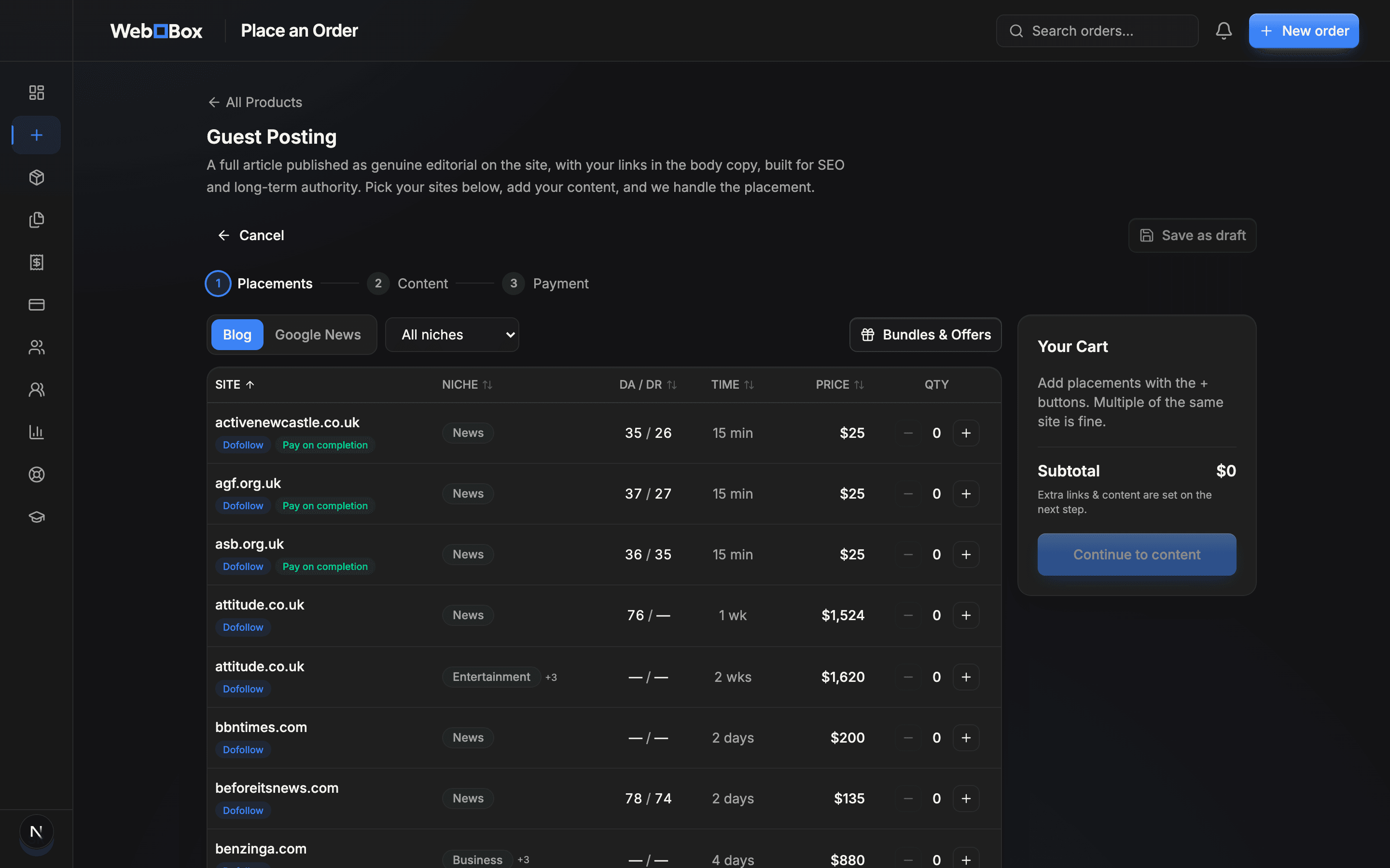 The WebBox portal guest posting order builder: filter publisher sites by niche, see DA and DR metrics and pricing, and add placements to your cart