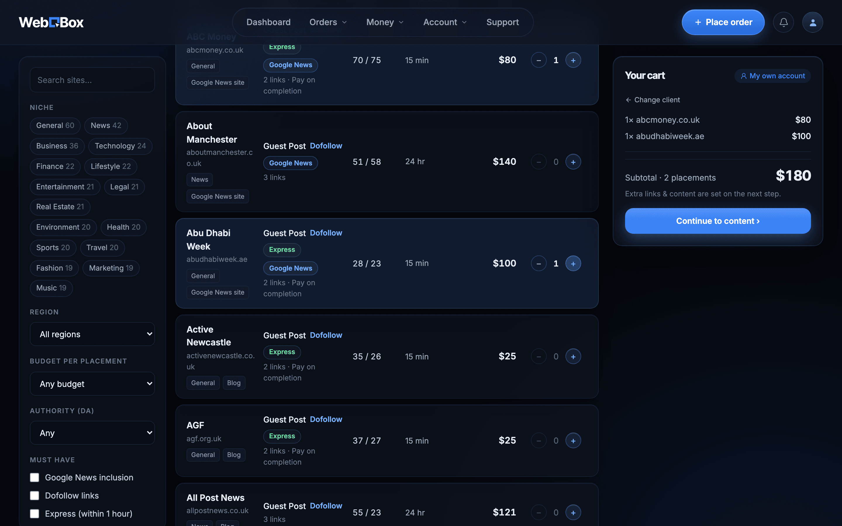 The WebBox portal guest posting order builder: filter publisher sites by niche, see DA and DR metrics and pricing, and add placements to your cart