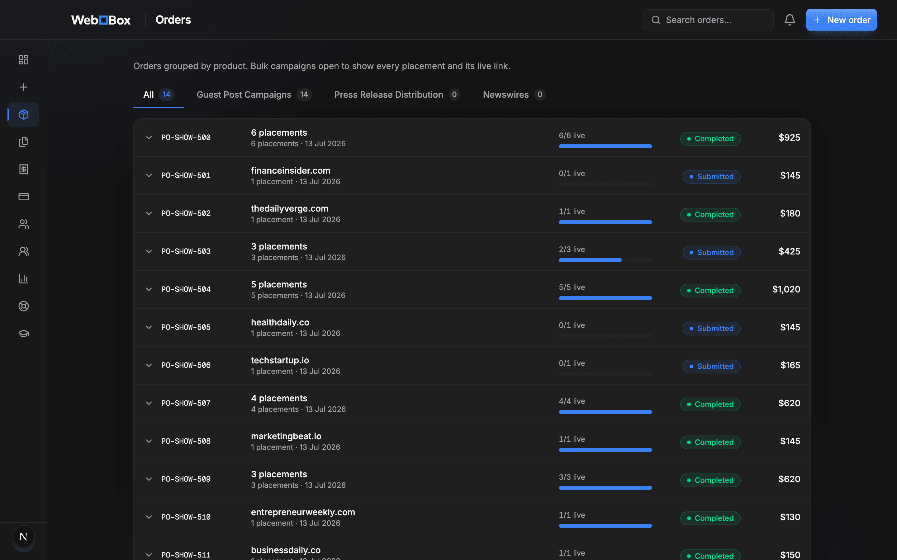 The WebBox portal orders view showing every PR order with its status and published coverage links