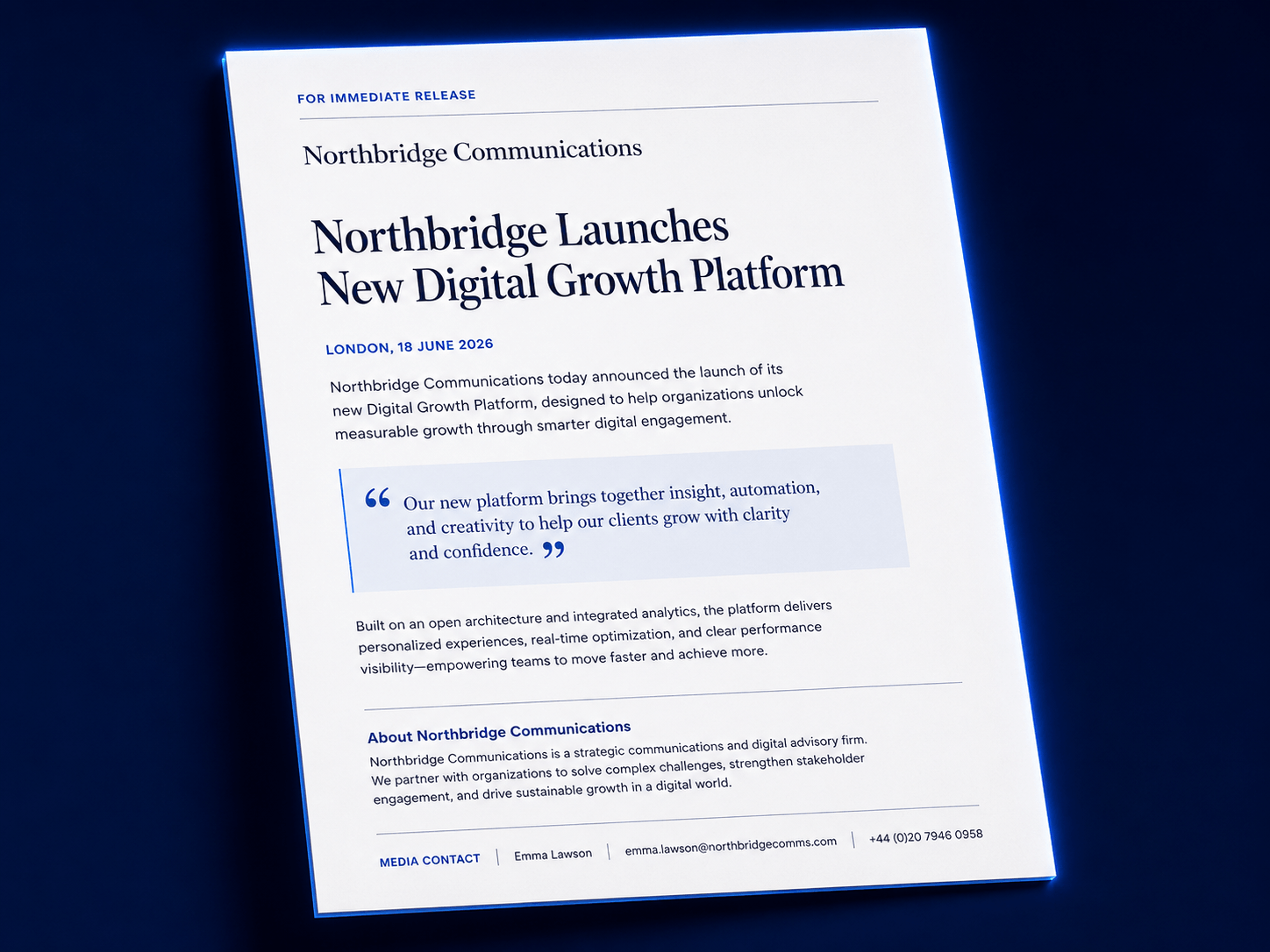 Press release, headline, dateline, quote, and boilerplate, written to publication standard