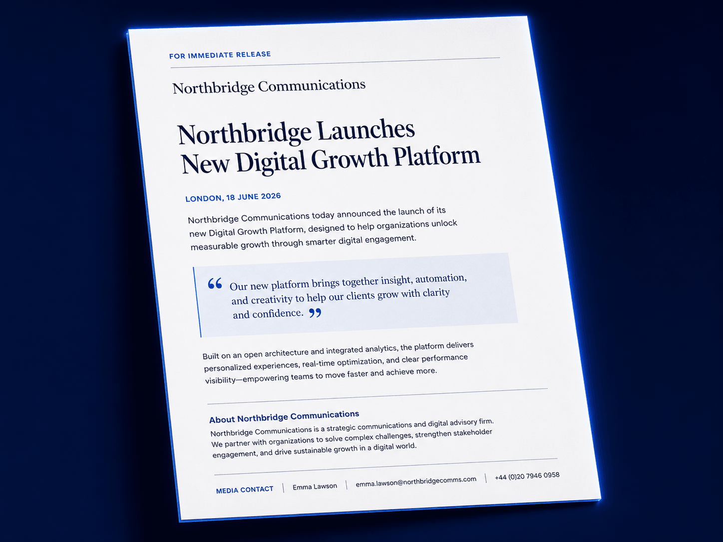 Press release, headline, dateline, quote, and boilerplate, written to publication standard
