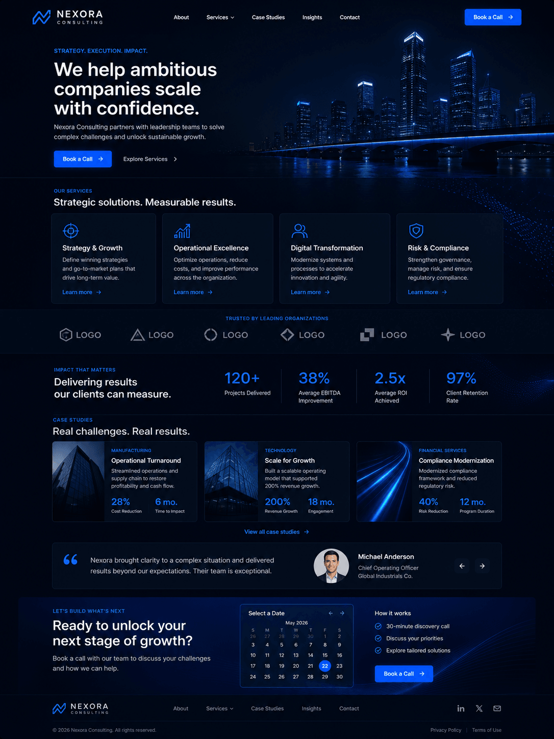 Consultancy site, services, case studies, and booking