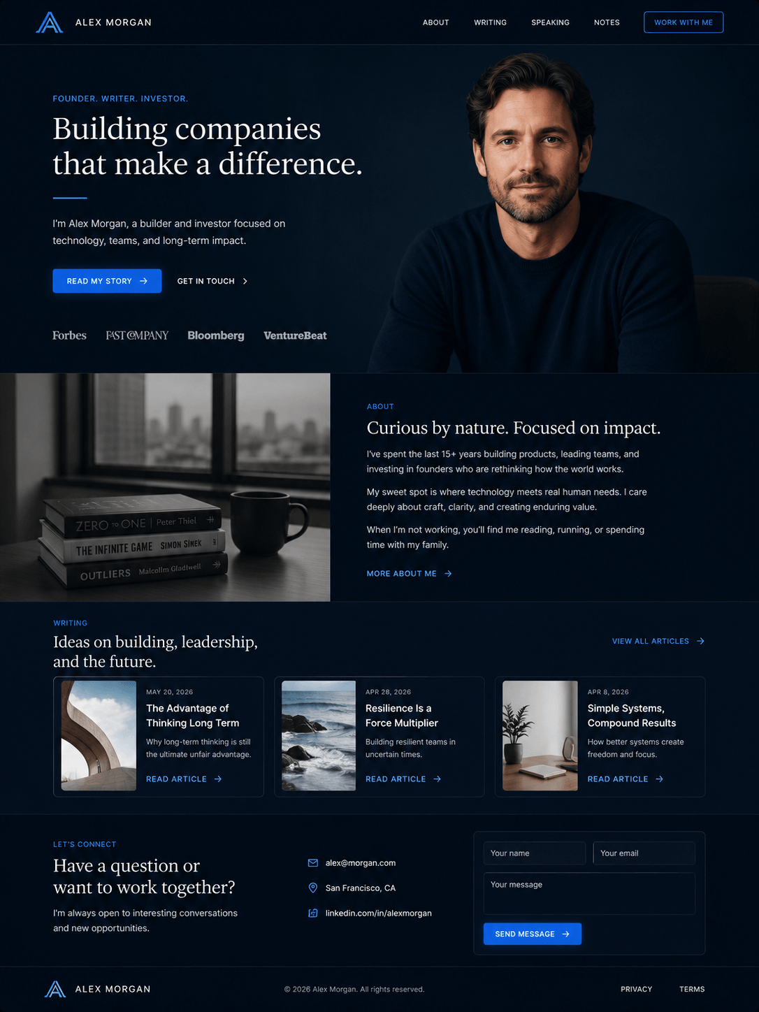 Founder / personal-brand site, story, content, and contact