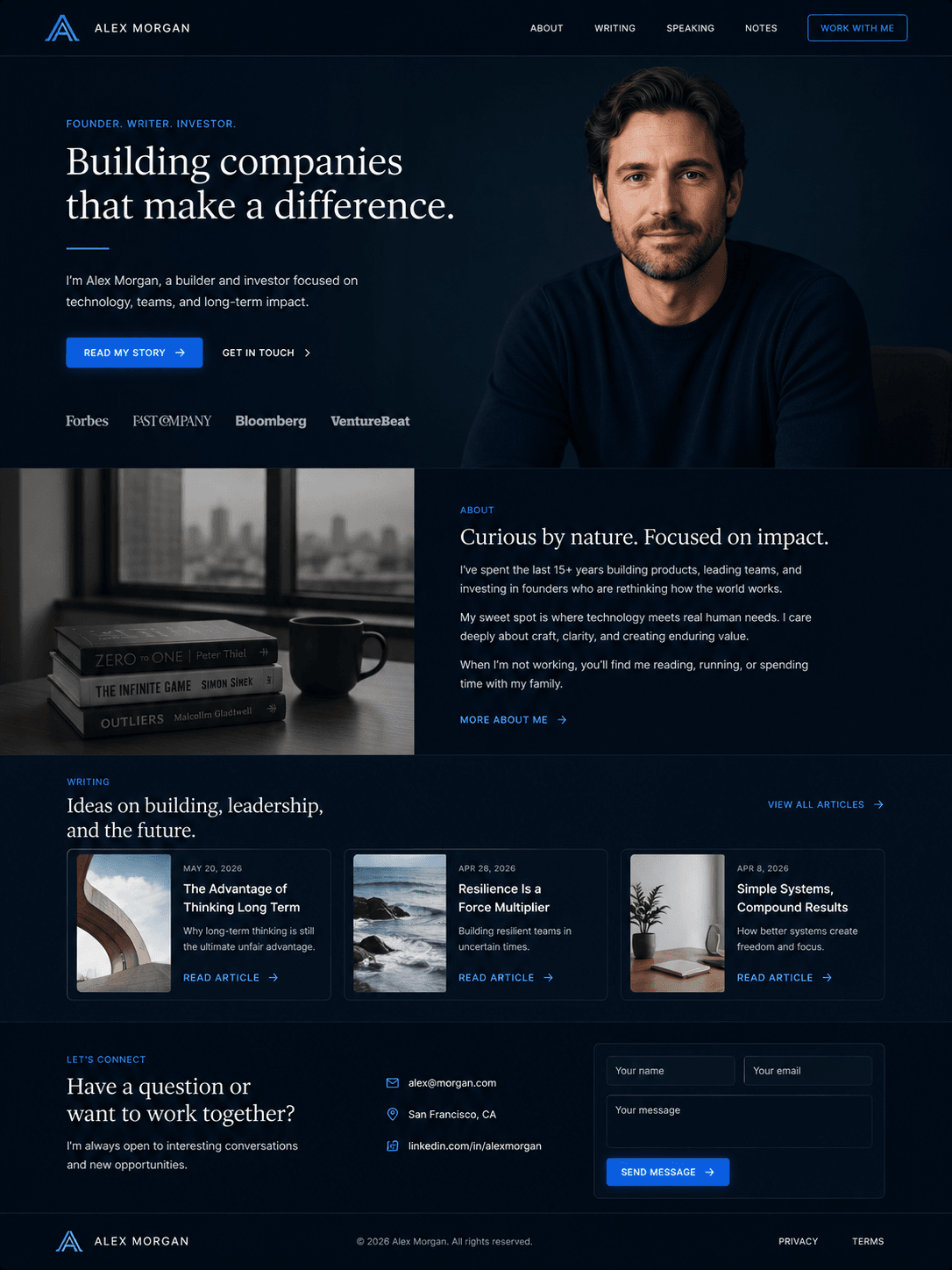 Founder / personal-brand site, story, content, and contact