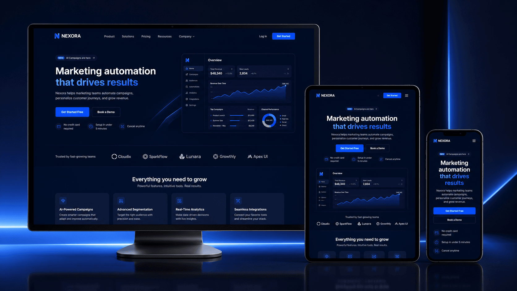 Same site across devices, desktop, tablet, and mobile, each laid out deliberately